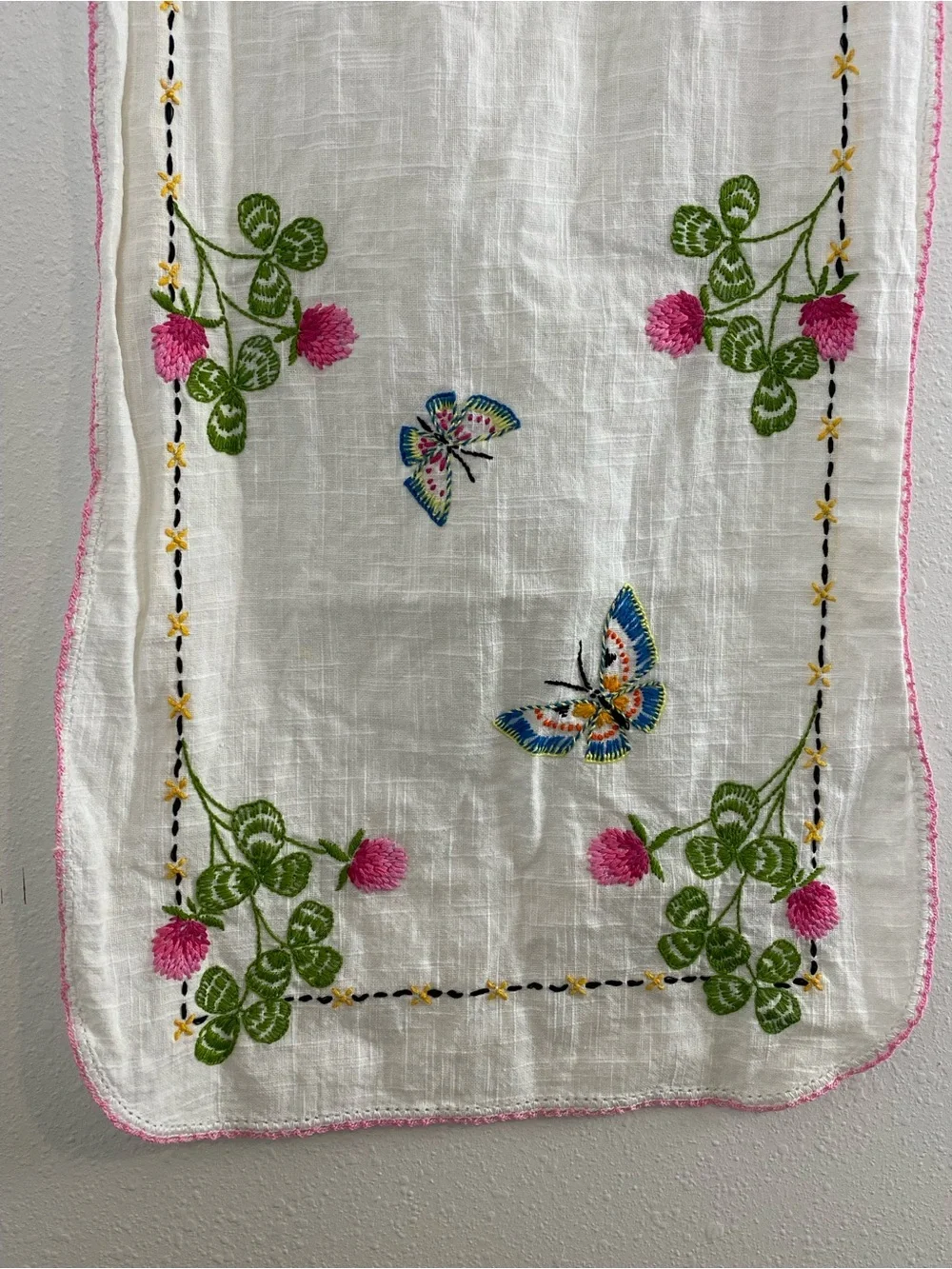 Vintage Embroidered Table Runner with Butterflies & Flowers